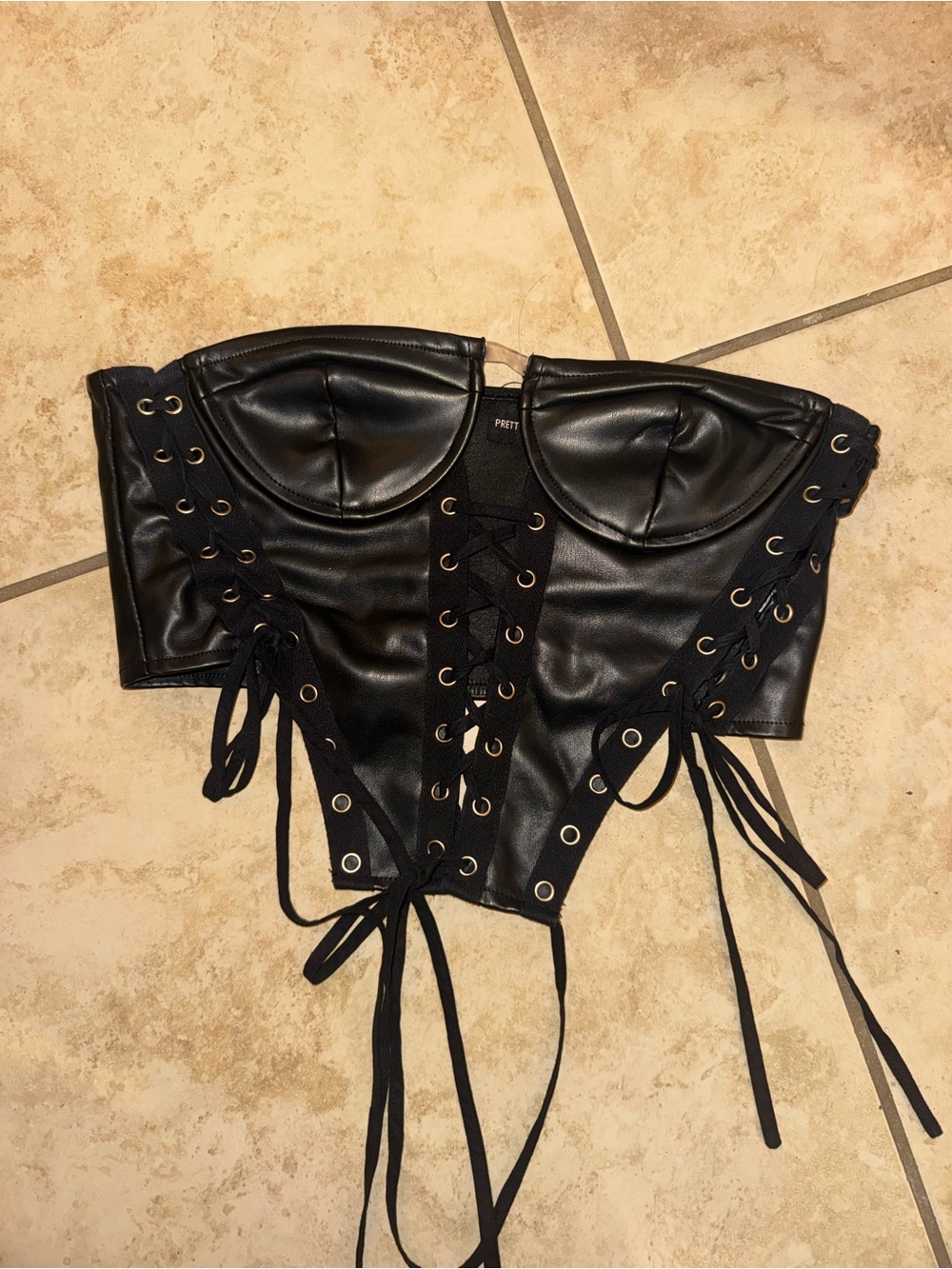 PrettyLittleThing Black Faux Leather Lace-Up Corset Top